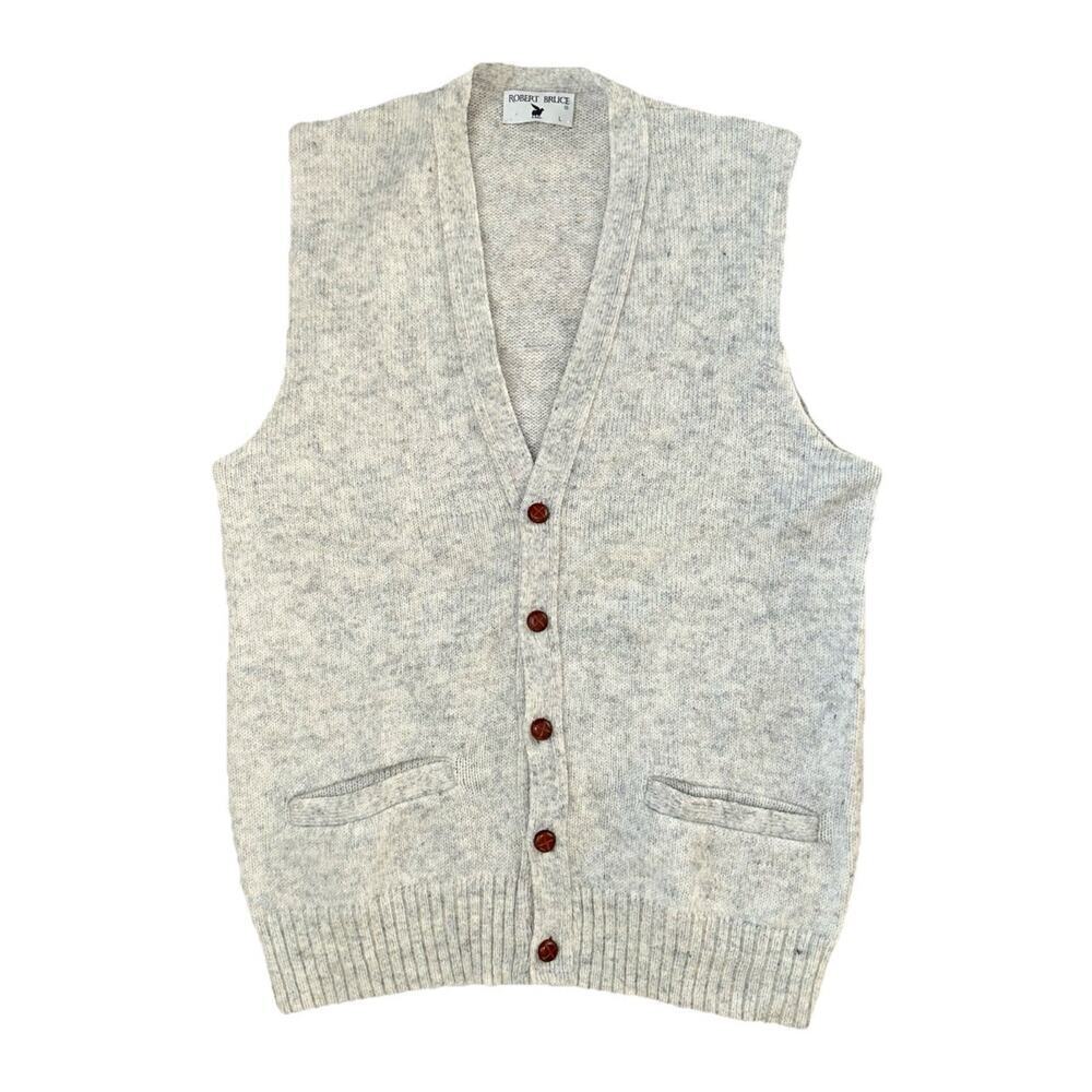 Vtg Robert Bruce Wool Sweater Vest Men's Size Large Gray Button Up Grandpacore